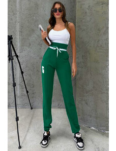 FashionForYou Pantaloni sport Frank, cu snur stilizat, logo si talie elastica oversize, Verde (Marime: S)