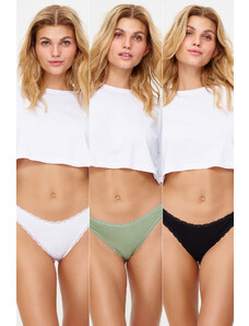Trendyol Black-White-Mint 3-Piece Cotton Lace Detailed Brazilian Knitted Panties