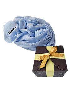 FashionForYou Esarfa lunga Ember, tip fular, cu franjuri simetrici si ambalata in cutie cadou, Albastru deschis, 180x65 cm