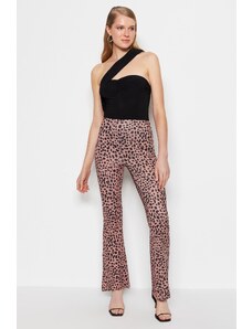 Trendyol Brown Leopard Print Flare/Jojă High Waist Pantaloni flexibili tricotați