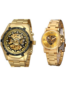 Set ceas barbatesc + ceas dama Winner Mecanic automatic Auriu Skeleton Otel inoxidabil