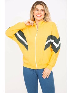Şans Women's Plus Size Yellow 2 Thread Fabric Sweatshirt with Zipper And Stripe Detail