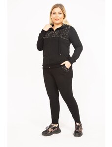 Şans Women's Black Plus Size Stone Detailed Hooded Sweatshirt and Pants Set