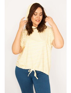 Şans Women's Plus Size Yellow Hooded Striped Sweatshirt