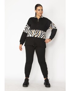 Şans Women's Plus Size Black Front Pat with Zippered Garnish Detailed Sweatshirt and Pants Suit