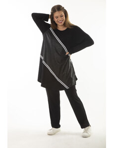 Şans Women's Plus Size Black Faux Leather And Stripe Detailed Sweatshirt And Pants Double Suit
