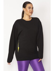 Şans Women's Plus Size Black Cotton Fabric Crew Neck Print Detail Sweatshirt