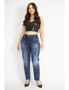 Şans Women's Blue Large Size Washing Effect 5 Pocket Jeans