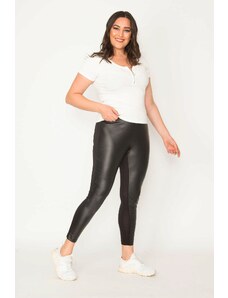Şans Women's Plus Size Black Faux Leather Covered Back Viscose Fabric Leggings Trousers