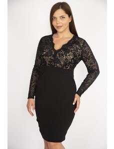 Şans Women's Black Plus Size Top Lace V-Neck Evening Dress