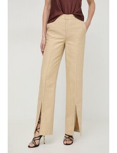 Twinset pantaloni din amestec de in culoarea bej, drept, high waist