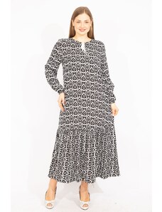 Şans Women's Plus Size Black Woven Viscose Fabric Multilayer Long Sleeve Dress