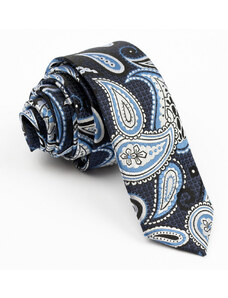 GAMA Cravata ingusta cu imprimeu paisley albastru si argintiu