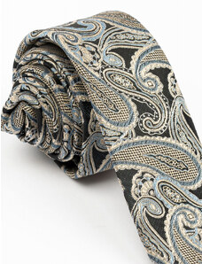 GAMA Cravata ingusta negru-albastrui cu imprimeu paisley cappuccino si albastru