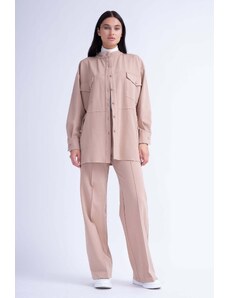 BLUZAT Beige Matching Set With Oversized Shirt And Wide Leg Trousers