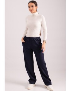 armonika Women's Navy Blue Elastic Waist Pocket Wide Leg Trousers