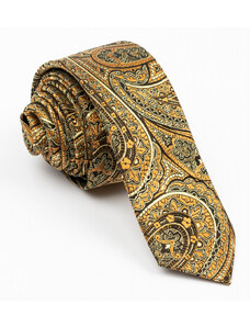 GAMA Cravata ingusta maro cu imprimeu auriu