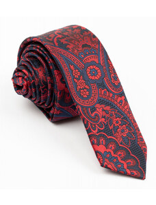 GAMA Cravata ingusta bleumarin cu imprimeu floral rosu
