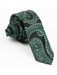 GAMA Cravata ingusta neagra cu imprimeu floral verde