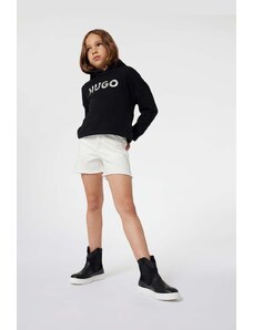 HUGO bluza copii culoarea negru, cu glugă, cu imprimeu