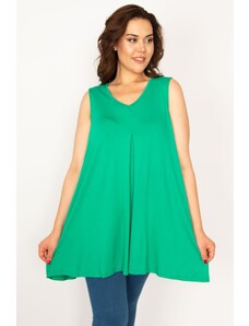 Şans Women's Plus Size Green V-Neck A Pleat Tunic