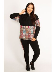 Şans Women's Plus Size Black Shawl Pattern Hooded Tracksuit Set