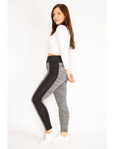 Şans Women's Plus Size Gray Side Stripe Detailed Sports Leggings Trousers