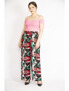 Şans Women's Colorful Plus Size Woven Viscose Fabric Elastic Waist Patterned Trousers