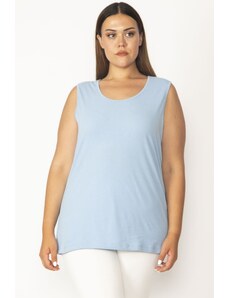 Şans Women's Plus Size Blue Cotton Fabric Crewneck Tank Top