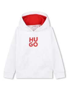 HUGO bluza copii culoarea alb, cu glugă, cu imprimeu