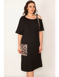 Şans Women's Plus Size Black Strap And Pocket Detailed Dress