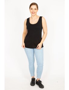 Şans Women's Plus Size Black Cotton Sleeveless Blouse with Lace Detail on the Collar