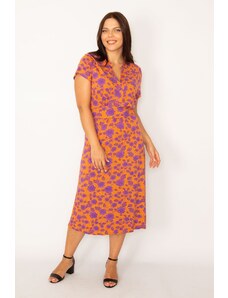 Şans Women's Plus Size Colorful Waist Detail V-Neck Long Dress