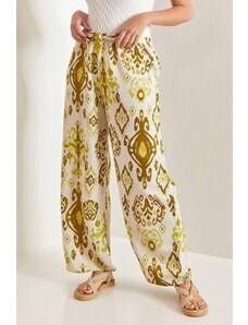 Madmext Patterned Oil Green Wide Leg Linen Trousers