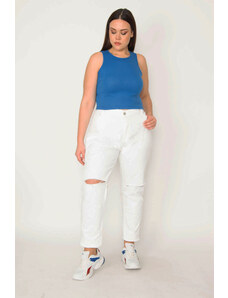 Şans Women's Plus Size White Ripped Detailed No Lycra Jeans