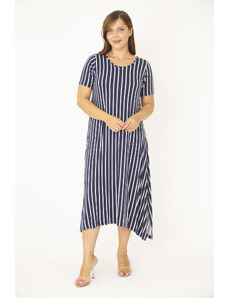 Şans Women's Plus Size Navy Blue Striped Short Sleeve Dress