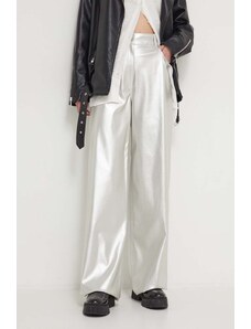 HUGO pantaloni femei, culoarea argintiu, lat, high waist 50516528