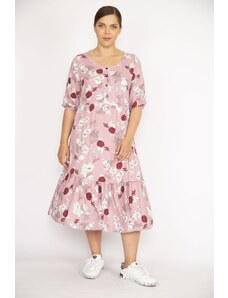 Şans Women's Pale Pink Plus Size Woven Viscose Fabric Front Paw Buttoned Hem Layered Dress