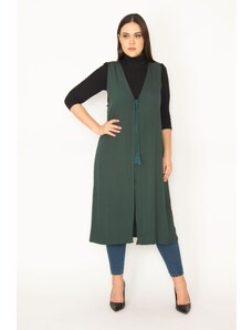 Şans Women's Plus Size Green Front Lace Up Detail Unlined Long Vest