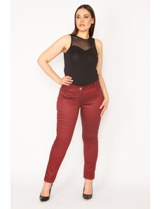 Şans Women's Plus Size Burgundy Plastered Gabardine Fabric Leather Look 5 Pocket Lycra Trousers