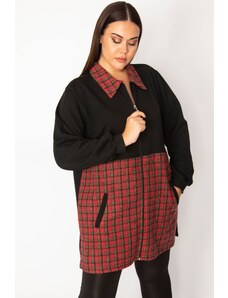 Şans Women's Plus Size Claret Red Plaid Detailed Coat with Zipper and Pocket