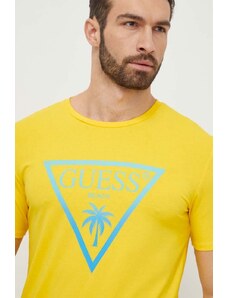 Guess tricou barbati, culoarea galben, cu imprimeu