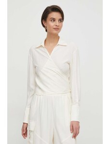 Sisley bluză femei, culoarea bej, cu guler clasic, regular