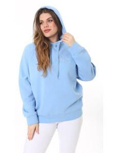 Şans Women's Plus Size Baby Blue Inner Raising 3 Thread Fabric Hooded Sweatshirt