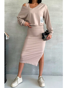 FashionForYou Compleu sport JoLLy, rochie lunga cu fermoar lateral si bluza lejera, Bej (Marime: S)