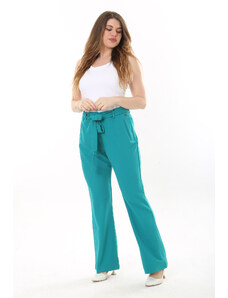 Şans Women's Plus Size Green Side Pockets Belted Lycra Classic Trousers