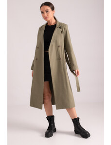 armonika Women's Khaki Double Breasted Collar Waist Belted Long Trench Coat with Pocket