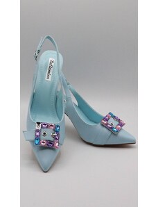 Fashion App Pantofi Dama, Eleganti, Toc Gros, Bareta, Accesoriu Cristale Colorate, Albastru Pastel
