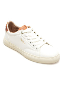 Pantofi casual PEPE JEANS albi, KENTON STREET, din piele ecologica