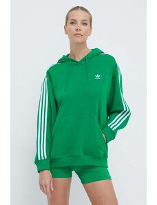 adidas Originals bluză 3-Stripes Hoodie OS femei, culoarea verde, cu glugă, cu imprimeu, IN8398